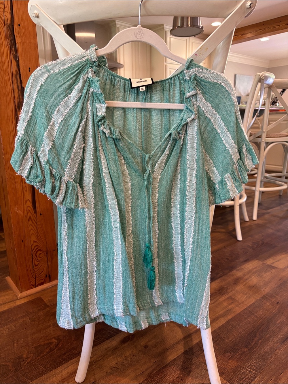 Boden Teal and White Striped Tie-Front Ruffle Sleeve Blouse